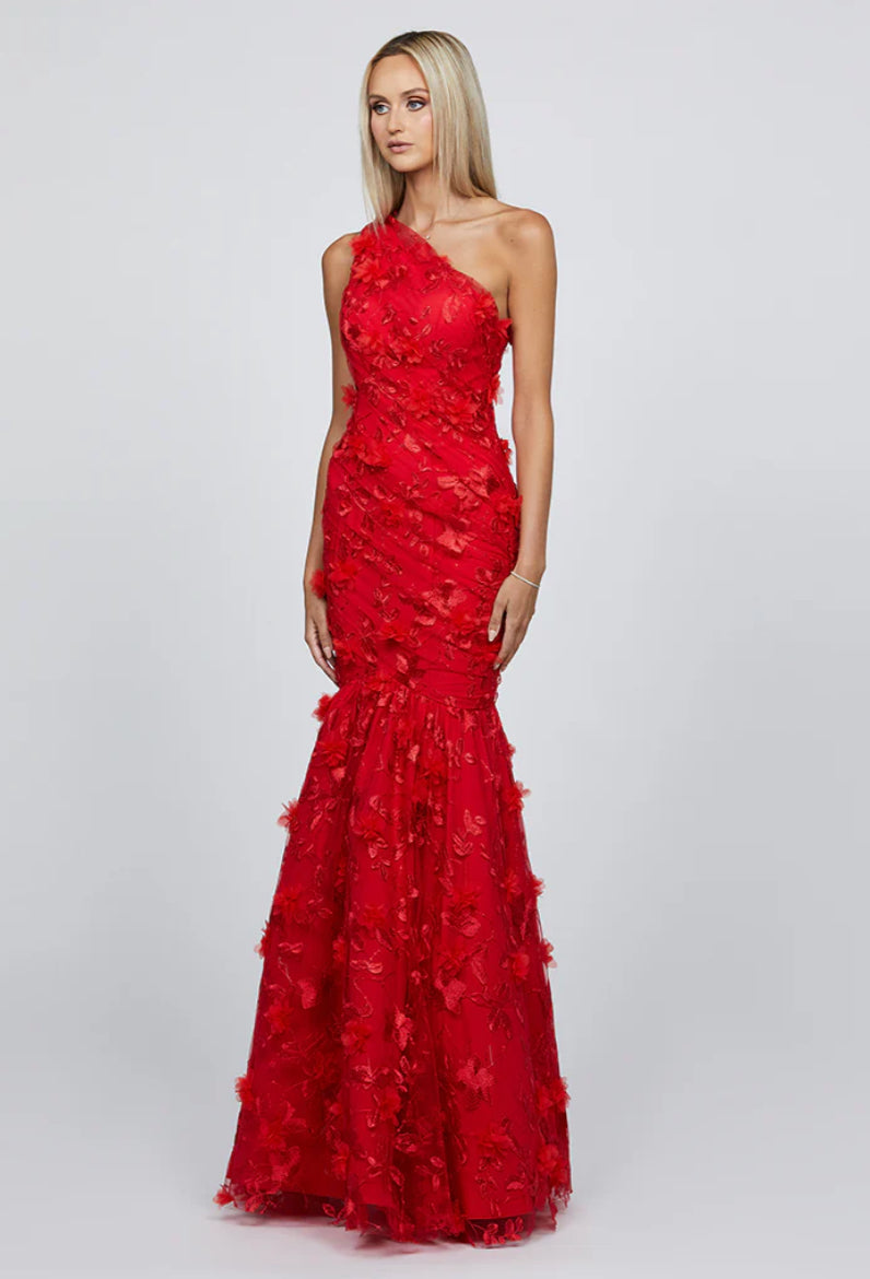 Dew | Red Fit and Flare One Shoulder Pleated Bodice Gown with 3D Floral Embellishments | BARIANO