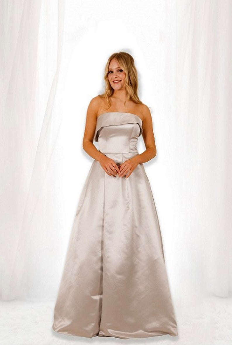 CP727 | Silver Satin Strapless A-line Gown with Thigh Split | CRUX