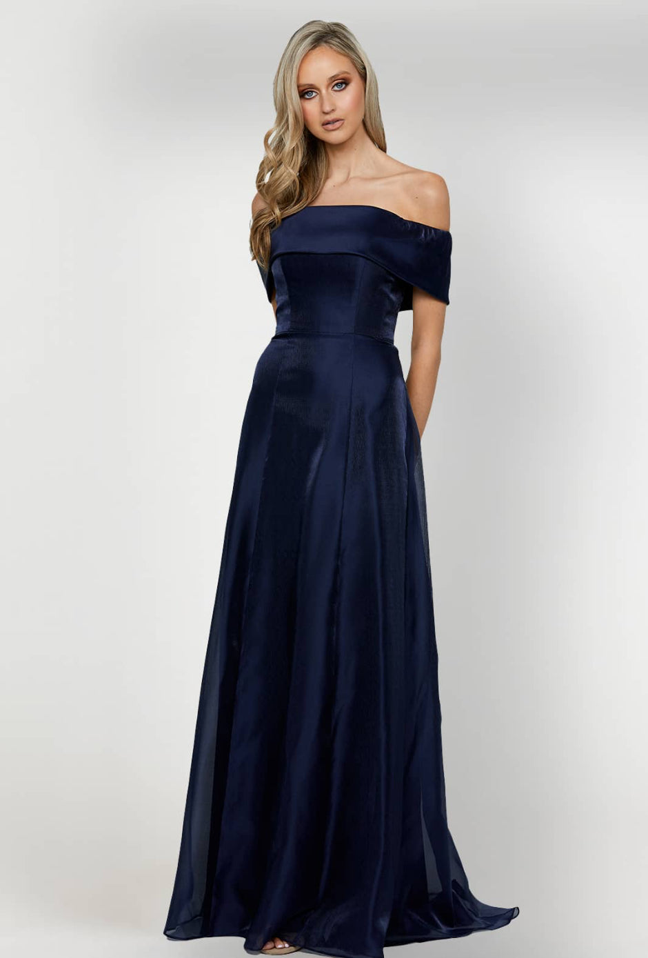 CALLIOPE | Navy Organza Off The Shoulder Sweetheart Neckline A-Line Gown | BARIANO