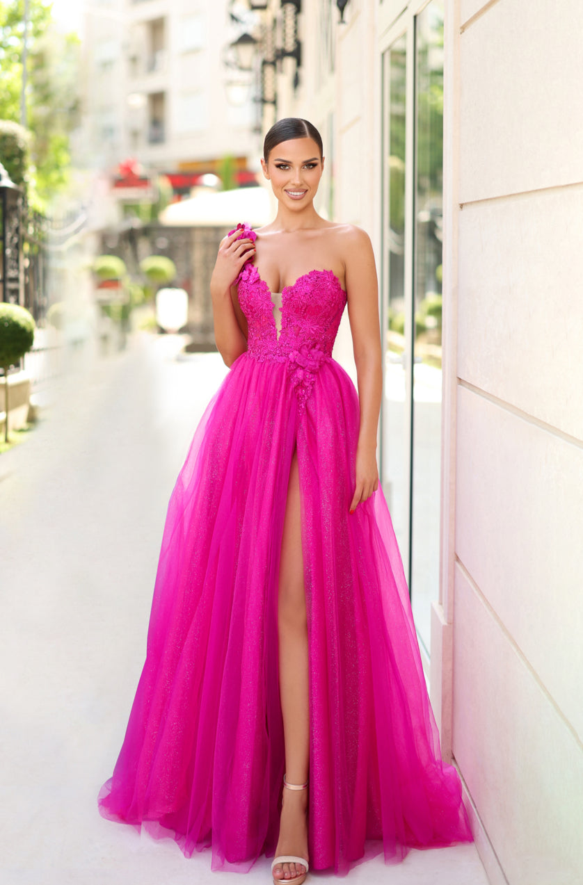 Aurora | Peacock Magenta Royal Blue Emerald Green Black Red Floral Applique A-Line One Shoulder Formal Gown with Side Split and Lace-Up Back | TINA HOLLY COUTURE