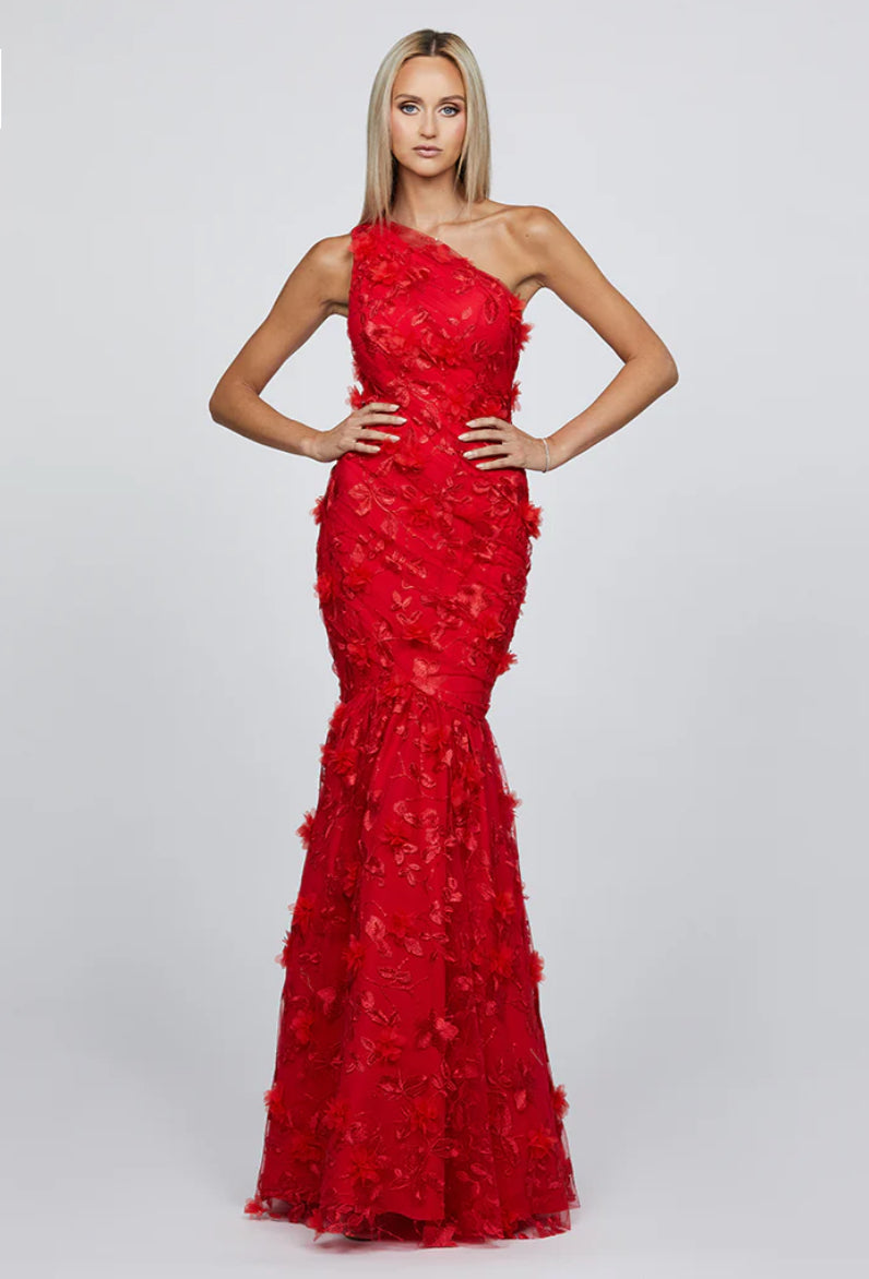 Dew | Red Fit and Flare One Shoulder Pleated Bodice Gown with 3D Floral Embellishments | BARIANO