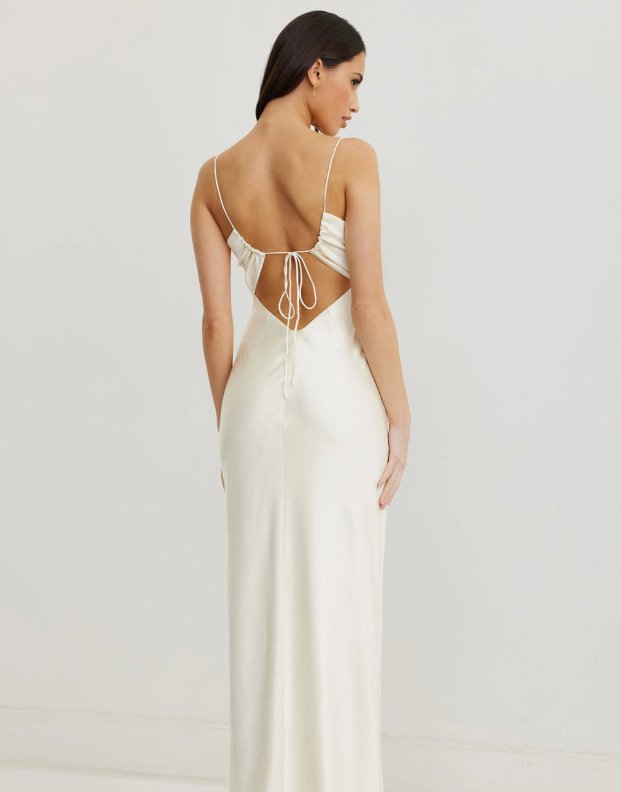 Dakota | Cream Moss Fitted Adjustable Scoop Neckline Gown with Spaghetti Straps and Open Tie Up Back | LEXI