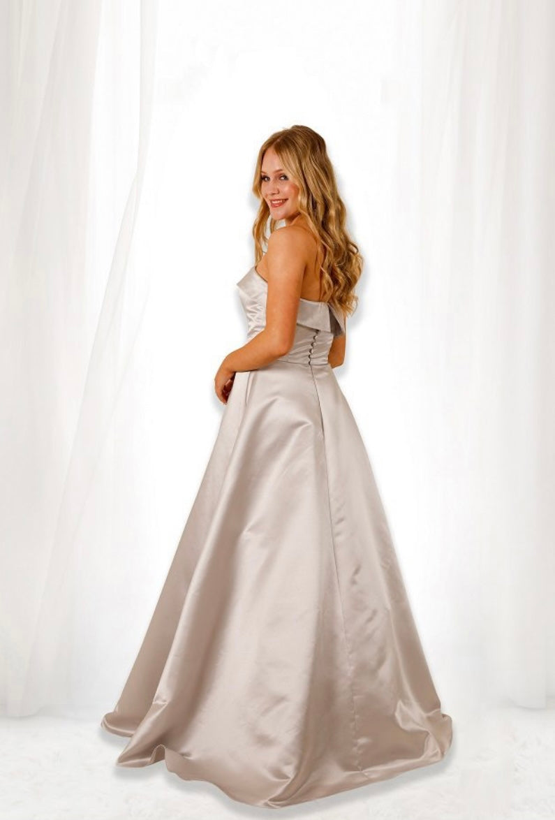 CP727 | Silver Satin Strapless A-line Gown with Thigh Split | CRUX