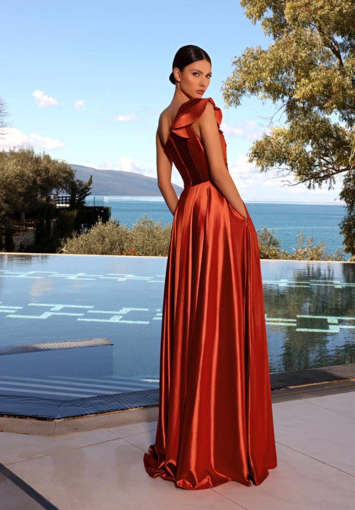 NC2062 | Vermillion Emerald Blue One Shoulder A-line Formal Gown | NICOLETTA