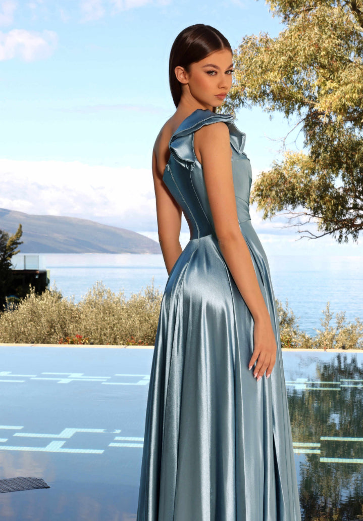 NC2062 | Vermillion Emerald Blue One Shoulder A-line Formal Gown | NICOLETTA