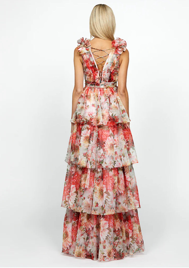 Audra | Floral Multi A-line Tiered Skirt Formal Gown with Ruffle Shoulder Straps and Lace Up Back | BARIANO