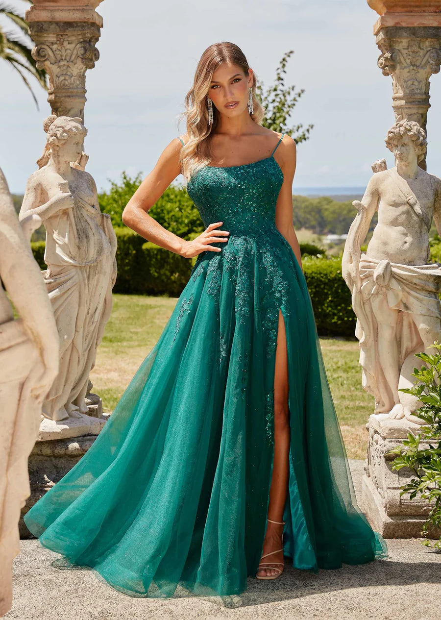 Aralia | Emerald A-line Scoop Neckline Lace Appliqué Formal Gown with Sequin Lace Up Back and Thigh High Leg Split | TANIA OLSEN DESIGNS