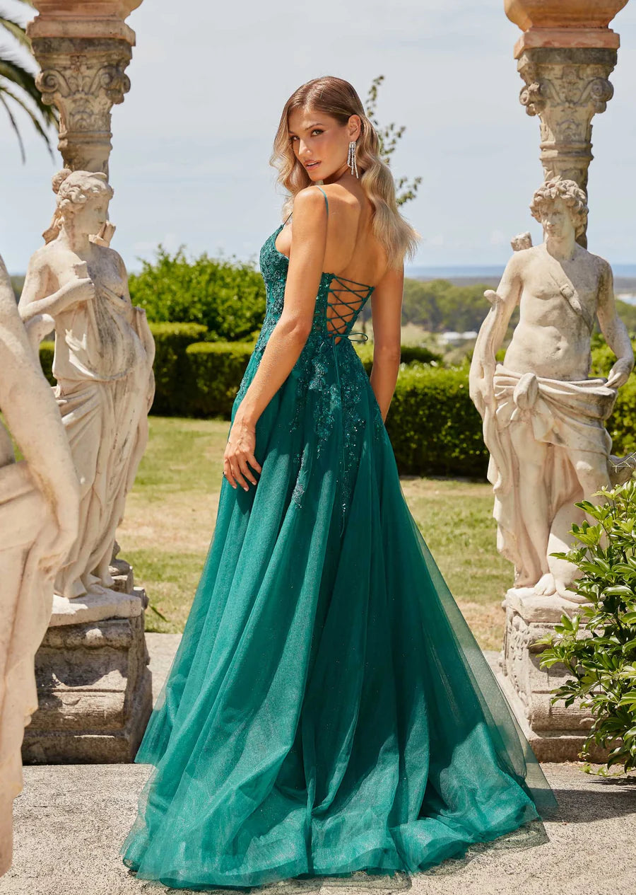 Aralia | Emerald A-line Scoop Neckline Lace Appliqué Formal Gown with Sequin Lace Up Back and Thigh High Leg Split | TANIA OLSEN DESIGNS