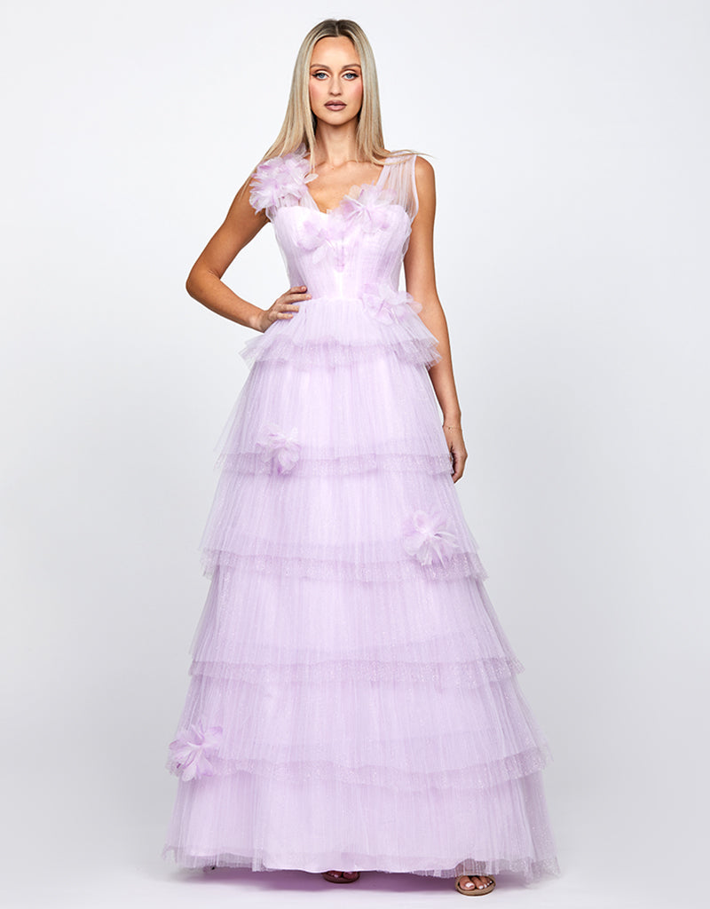Dorothy | Lilac A-line Glitter Tulle Tiered Skirt Formal Gown with 3D Floral Detail | BARIANO