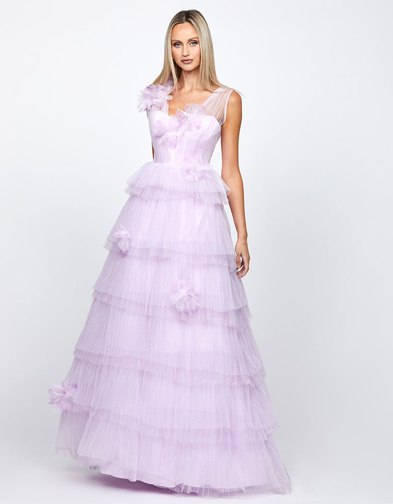 Dorothy | Lilac A-line Glitter Tulle Tiered Skirt Formal Gown with 3D Floral Detail | BARIANO