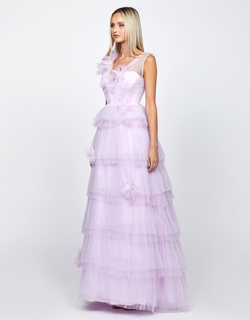Dorothy | Lilac A-line Glitter Tulle Tiered Skirt Formal Gown with 3D Floral Detail | BARIANO