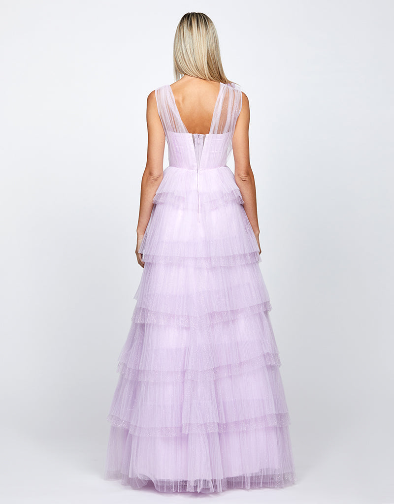 Dorothy | Lilac A-line Glitter Tulle Tiered Skirt Formal Gown with 3D Floral Detail | BARIANO