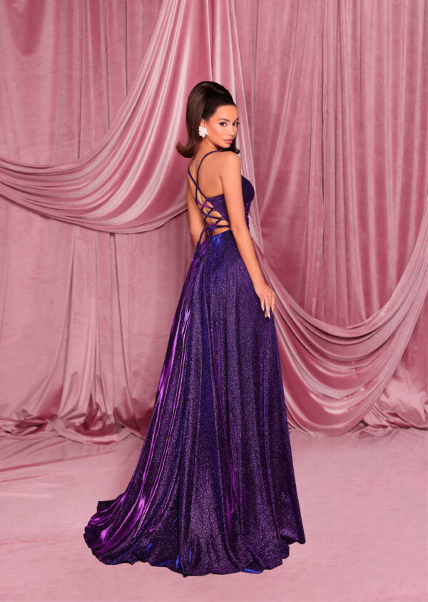 NC2029 | Cobalt Blue Violet Teal Musk Plum A-line Lace Up Formal Gown with Thigh Split and Gathered Bodice | NICOLETTA