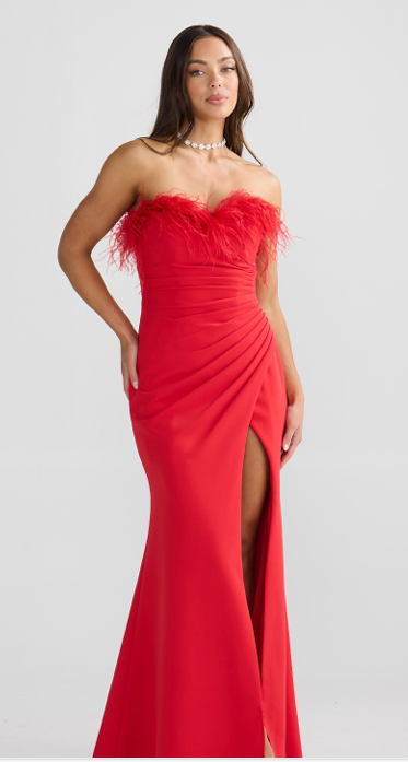 Milano | Black Red White Fitted Feather Detail Gathered Gown with Thigh Split and Rushing | DERMA