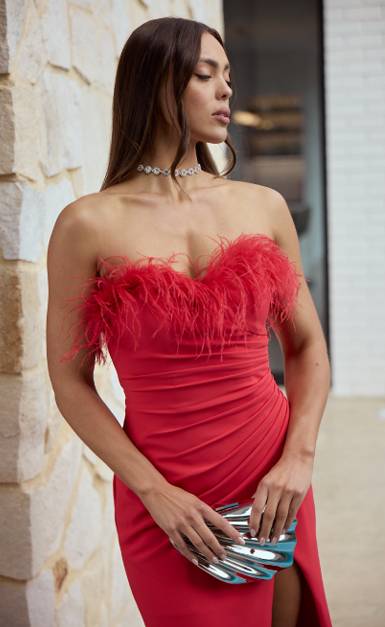 Milano | Black Red White Fitted Feather Detail Gathered Gown with Thigh Split and Rushing | DERMA
