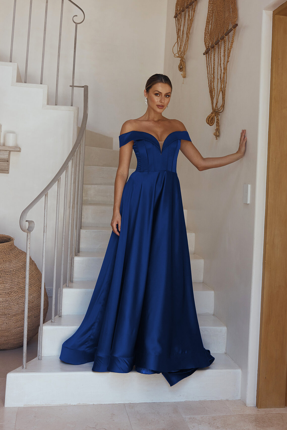 Willa | Purple Black Cobalt White Off The Shoulder A-line Formal Gown with V Neckline and Lace Up Back | TANIA OLSEN DESIGNS