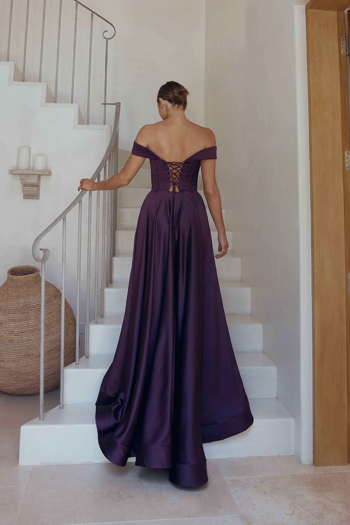 Willa | Purple Black Cobalt White Off The Shoulder A-line Formal Gown with V Neckline and Lace Up Back | TANIA OLSEN DESIGNS