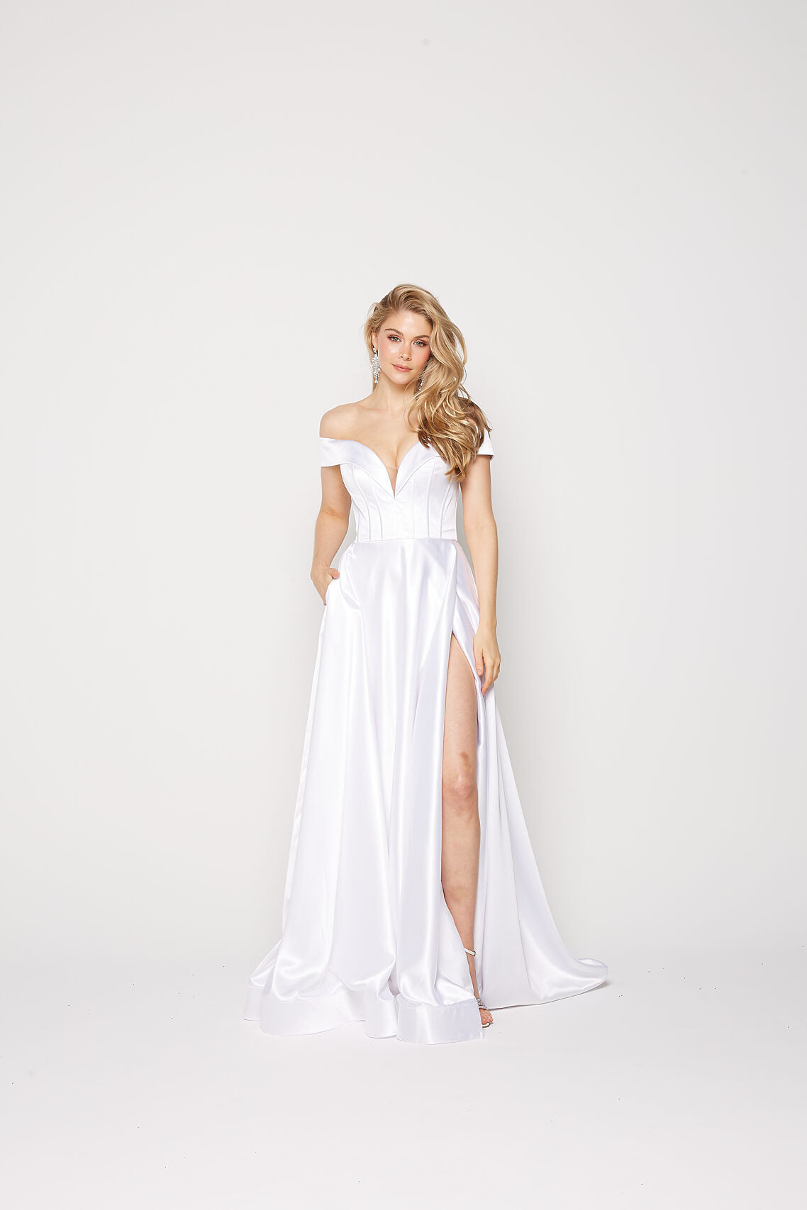 Willa | Purple Black Cobalt White Off The Shoulder A-line Formal Gown with V Neckline and Lace Up Back | TANIA OLSEN DESIGNS
