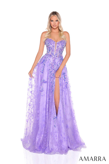 88315 | Fuchsia Light Blue Light Yellow Lavender Black Wine A-Line Sequin Formal Gown with Lace Up Back and 3D Flower Appliqué | AMARRA