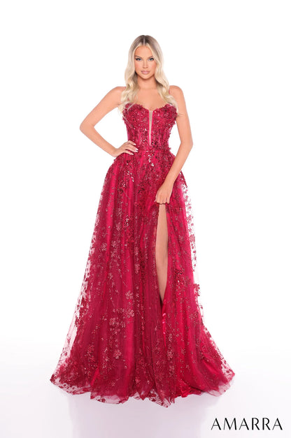 88315 | Fuchsia Light Blue Light Yellow Lavender Black Wine A-Line Sequin Formal Gown with Lace Up Back and 3D Flower Appliqué | AMARRA