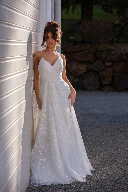 BRIONY | Pale Blue Emerald Crimson Ivory V-Neckline A-Line Gown with a Mid Back Short Train and Embroidered Tulle | TANIA OLSEN DESIGNS