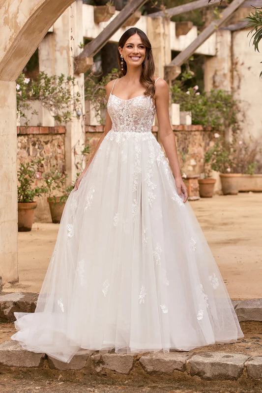 CORINNE | Vintage White Scooped Neckline A-Line Bridal Gown with Exposed Boning and Beaded Spaghetti Straps | TANIA OLSEN DESIGNS
