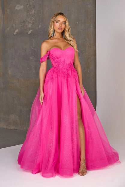 Ardenne | Pink Lilac Cobalt A-line Corset Tulle Lace Appliqué Off The Shoulder Formal Gown with Detachable Sleeves | TANIA OLSEN DESIGNS