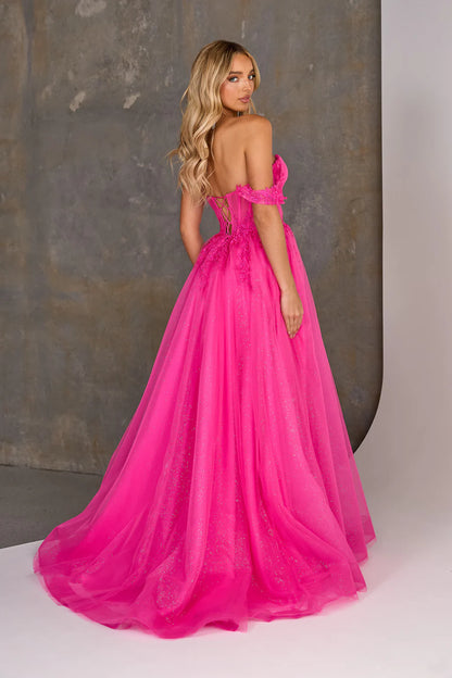 Ardenne | Pink Lilac Cobalt A-line Corset Tulle Lace Appliqué Off The Shoulder Formal Gown with Detachable Sleeves | TANIA OLSEN DESIGNS