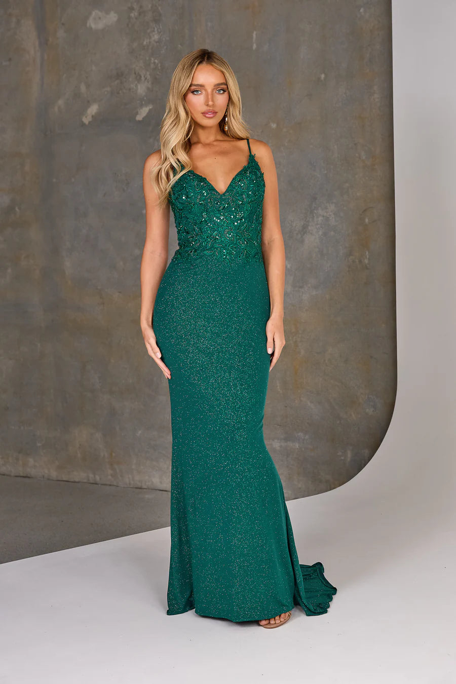 Joselyn | Emerald Fitted Appliqué Bodice Glitter Formal Gown | TANIA OLSEN DESIGNS