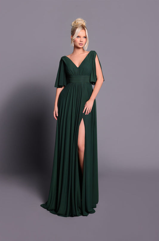 NBM2024 | Forest Green High Leg Split A-line V-Neck Gown with Rushing Across Bodice and Short Open Sleeves | NICOLETTA