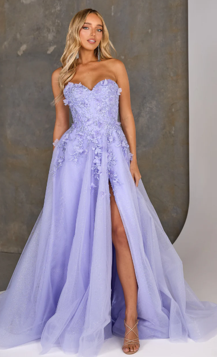 Pascal | Lilac A-line 3D Lace Appliqué Strapless Corset Formal Gown | TANIA OLSEN DESIGNS