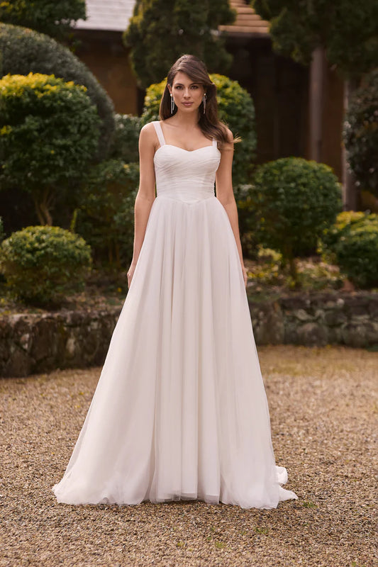 THEODORA | Vintage White Sweetheart Neckline A-Line Bridal Gown with Gathered Tulle Across Bodice and Glitter Underlay | TANIA OLSEN DESIGNS