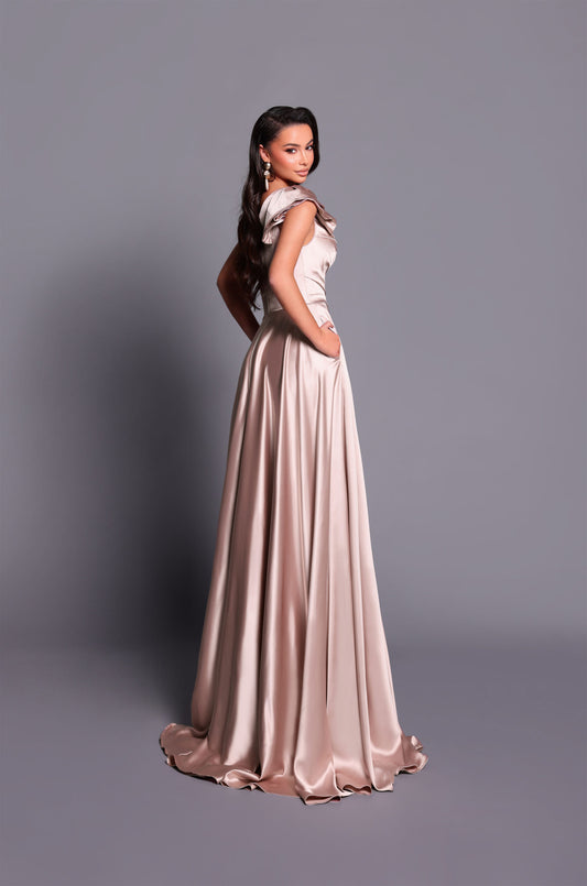NBM2003 | Soft Latte Black Frill One Shoulder Satin A-Line Gown with High Thigh Split and Rushing Across Bodice | NICOLETTA